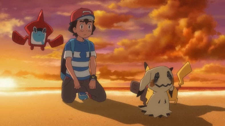 Mimikyu (Daisuke Namikawa) walks away sadly from Ash (Rica Matsumoto) after seeing how it really looks in Pokémon the Series: Sun & Moon – Ultra Legends (2018), The Pokémon Company