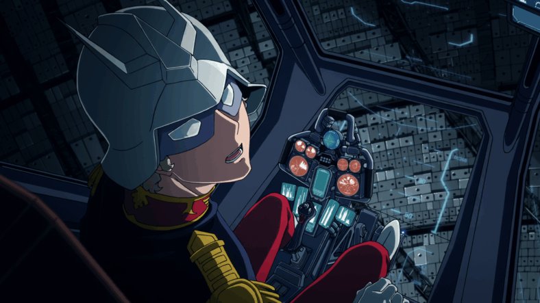 Char Aznable (Shūichi Ikeda) is surprised by the arrival of Machu (Tomoyo Kurosawa) in Mobile Suit Gundam GQuuuuuuX Episode 11 "Alphacide" (2025), Studio Khara
