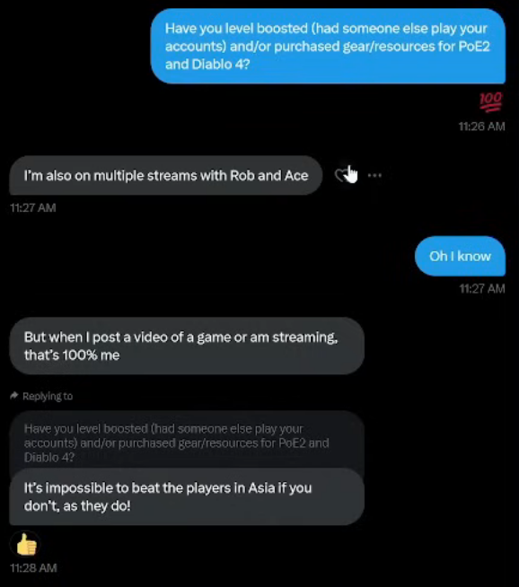 Direct messages exchanged between Elon Musk (Grey) and YouTuber NikoWrex (Blue) regarding the former's recent Path of Exile 2 controversy