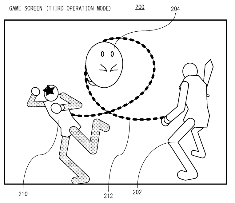 Konami Corporation US Patent No. US2020/0254335 A1, showing the main and sub character connected by a chain and looping it around a foe via Games Fray