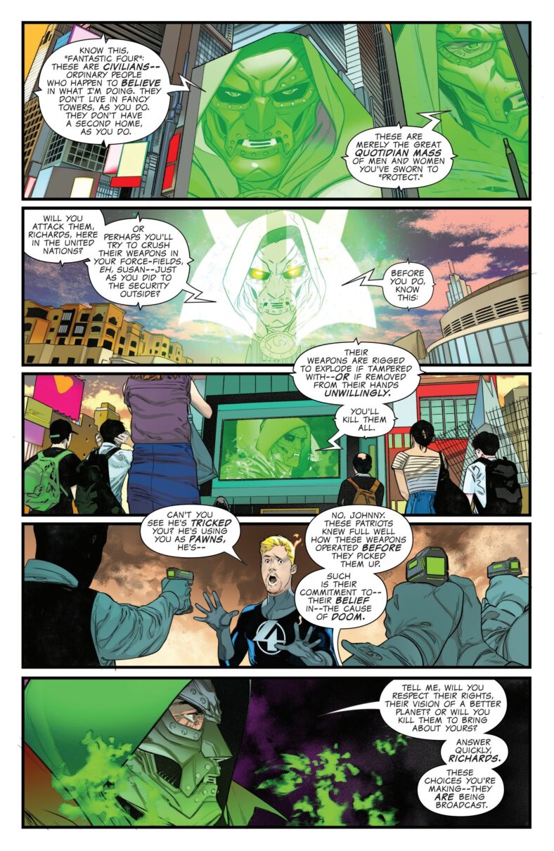 Doctor Doom successfully prevents the Fantastic Four from fighting their way into the United Nations in One World Under Doom Vol.1 Issue #2 "Chapter Two: The Free World" (2025), Marvel Comics. Words by Ryan North. Art by R.B. Silva and David Curiel.