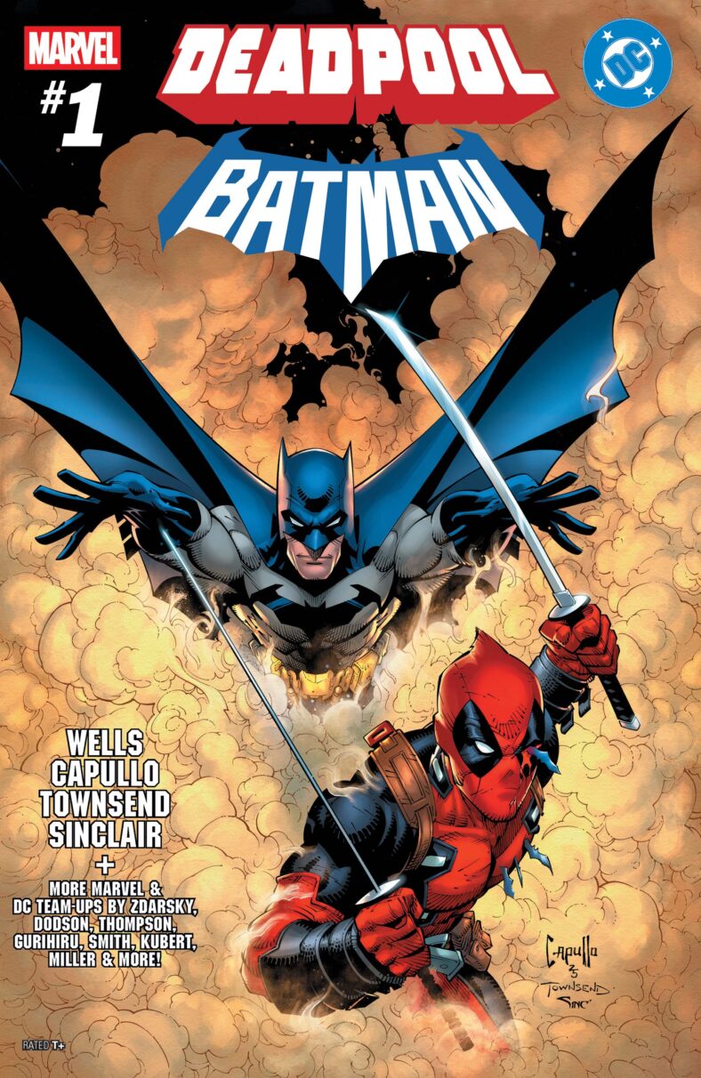 Batman and Deadpool spell trouble for Gotham's criminals on Greg Capullo, Tim Townsend, and Alex Sinclair's cover to Deadpool/Batman Vol. 1 #1 (2025), Marvel Comics/DC
