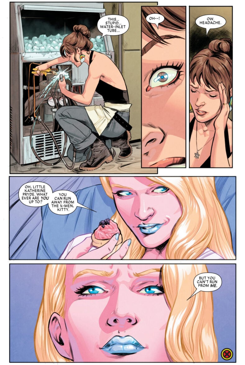 Emma Frost locates Kitty Pryde following the fall of Krakoa in Exceptional X-Men Vol. 1 #1 (2024), Marvel Comics. Words by Eve Ewing, art by Carmen Caernero, Nolan Woodard, and Joe Sabino.