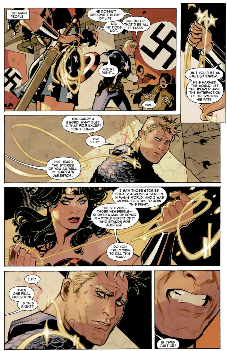 Wonder Woman uses the Lasso of Truth to remind Captain America of his commitment to justice in Deadpool/Batman Vol. 1 #1 "The Gun and he Sword" (2025), Marvel Comics/DC. Words by Chip Zdarsky, art by Terry Dodoson, Rachel Dodson, and Joe Caramagna.