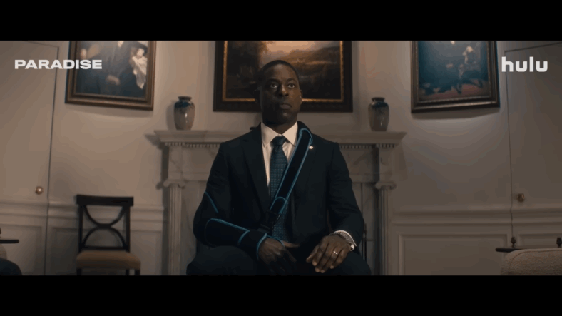 Xavier Collins (Sterling Brown) gets briefed on the Paradise mission while in recovery in Paradise Season 1 Episode 1 "Wildcat Is Down" (2025), Hulu