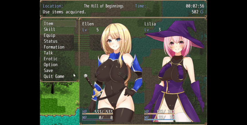 The menu screen showcasing main characters Ellen and Lilia in Paze Knight Ellen and The Dungeon Town Sodom (2023), dHR研