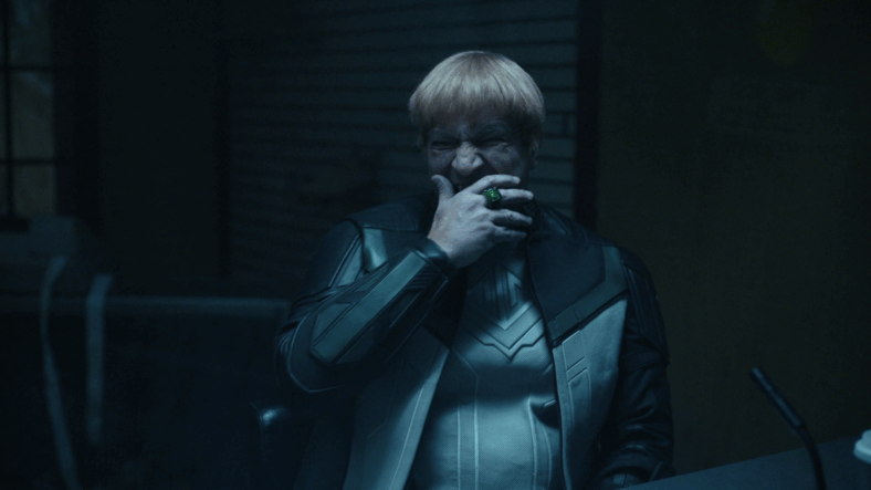 Guy Gardner (Nathan Fillion) laughs at Max Lord's (Sean Gunn) poor leadership skills in Peacemaker Season 2 Episode 1 "The Ties That Grind" (2025), DC Studios