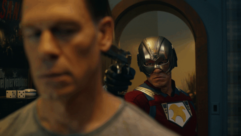 The Peacemaker of Earth-2 (John Cena) gets the drop on his Earth-1 counterpart in Peacemaker Season 2 Episode 1 "The Ties That Grind" (2025), DC Studios