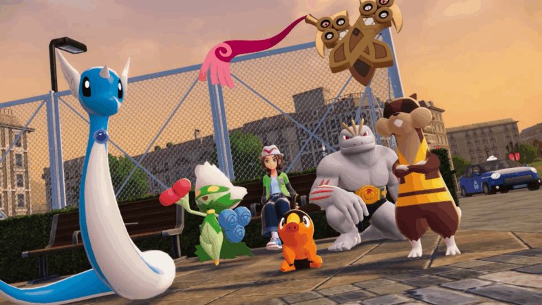 The player rests on a bench, surrounded by their Pokémon in Pokémon Legends: Z-A (2025), Nintendo