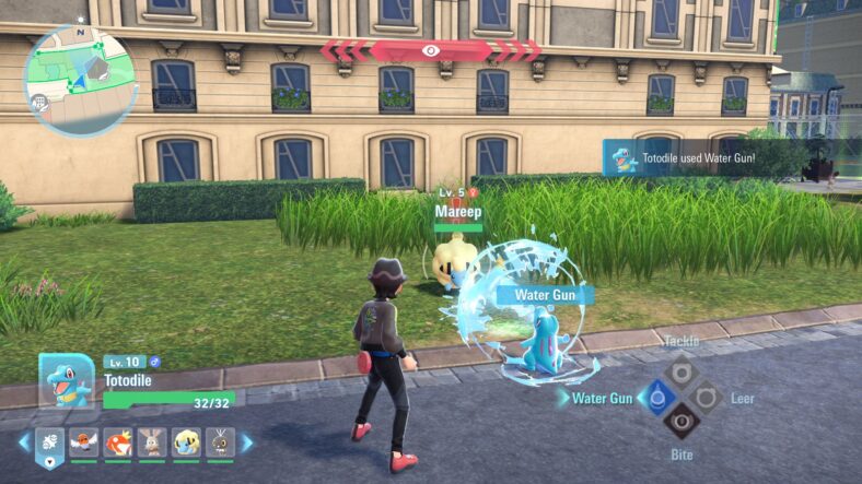 The player's Totodile fights a wild Mareep in Pokémon Legends: Z-A (2025), Nintendo