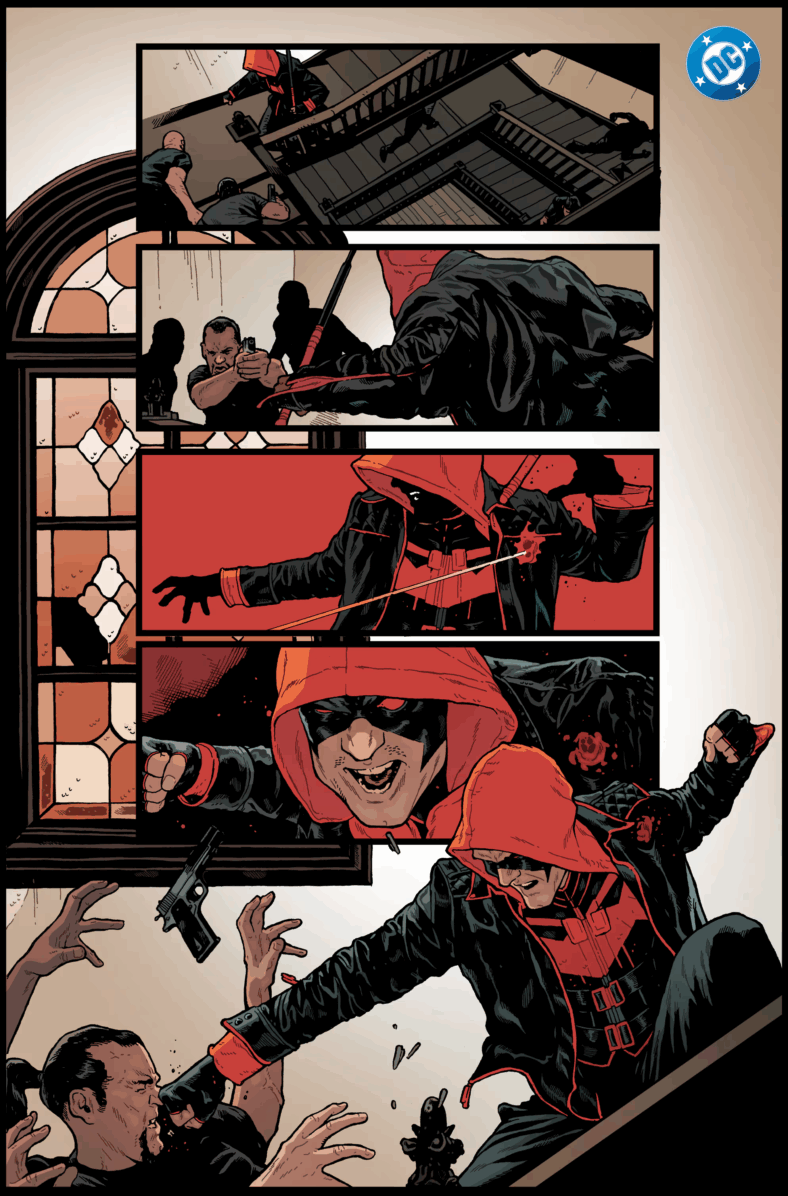 Jason Todd keeps fighting despite a bullet wound to the shoulder in Red Hood Vol. 2 #1 (2025), DC. Words by Gretchen Felker-Martin, art by Jeff Spokes.