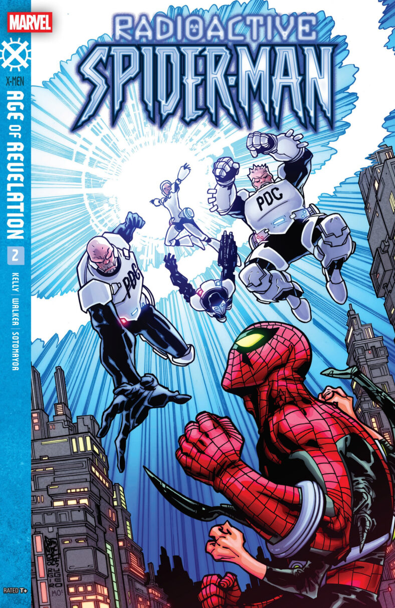 Peter Parker finds himself the target of the P.D.C. on Giuseppe Camuncoli, Lorenzo Ruggiero, and Morry Hollowell's cover to  in Radioactive Spider-Man Vol. 1 #2 (2025), Marvel Comics