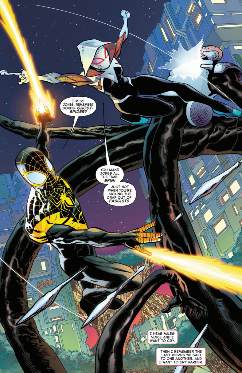 Spin and Ghost-Spider arrive to save Peter from a unit of Rand Applied security soldiers in Radioactive Spider-Man Vol. 1 #2 (2025), Marvel Comics. Words by Joe Kelly, art by Kev Walker, Chris Sotomayor, and Joe Caramagna.