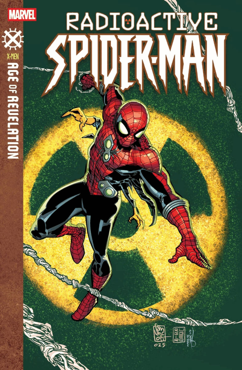 Peter Parker struggles with the effects of his X Virus infection on Giuseppe Camuncoli and Marte Garcia's cover to Radioactive Spider-Man Vol. 1 #1 (2025), Marvel Comics.