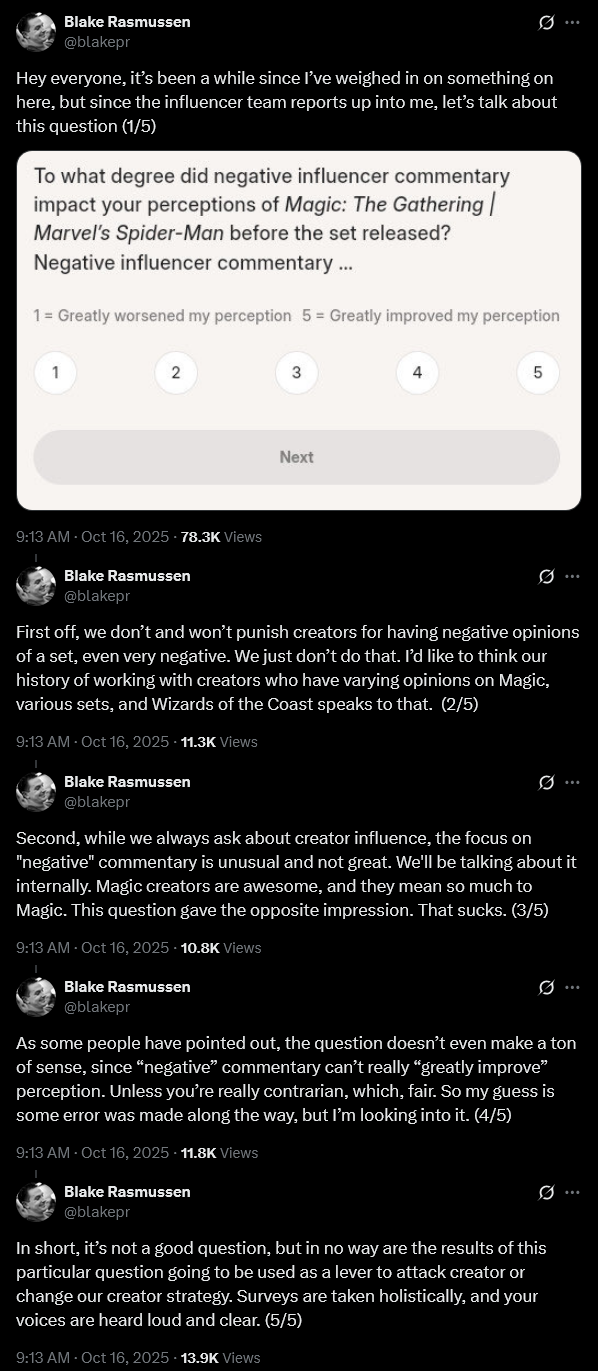 'Magic: The Gathering' comms director Blake Rasmussen apologizes for an invasive addition to their 'Marvel's Spider-Man' post-release survey.