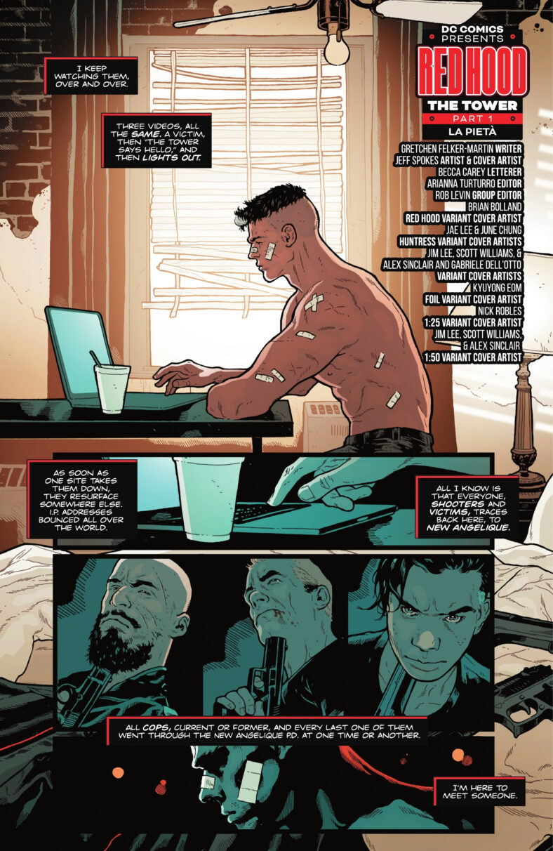 Jason Todd reviews his only lead on The Towers in Red Hood Vol. 2 #1 (2025), DC. Words by Gretchen Felker-Martin, art by Jeff Spokes.