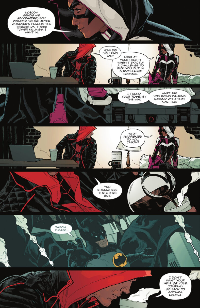 Jason Todd wants nothing more than for The Huntress to leave him alone in Red Hood Vol. 2 #1 (2025), DC. Words by Gretchen Felker-Martin, art by Jeff Spokes.