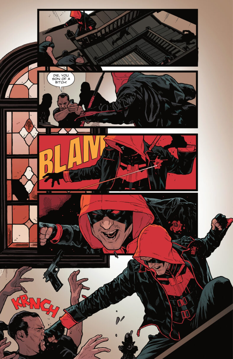 Jason Todd keeps fighting despite a bullet wound to the shoulder in Red Hood Vol. 2 #1 (2025), DC. Words by Gretchen Felker-Martin, art by Jeff Spokes.