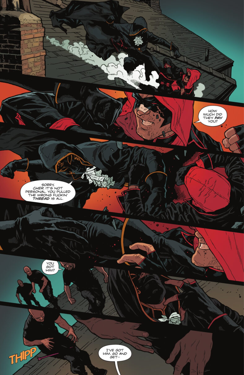 Jason Todd keeps fighting despite a bullet wound to the shoulder in Red Hood Vol. 2 #1 (2025), DC. Words by Gretchen Felker-Martin, art by Jeff Spokes.