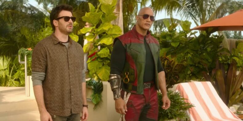 Jack O'Mally (Chris Evans) and Callum Drift (Dwayne Johnson) surveying the horizon for snow monsters in Red One (2024), Amazon MGM Studio.