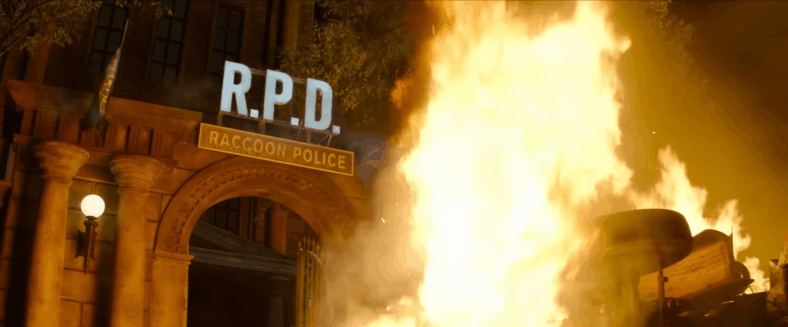 A car burns outside R.P.D. in Resident Evil: Welcome to Raccoon City (2021), Sony Pictures Entertainment