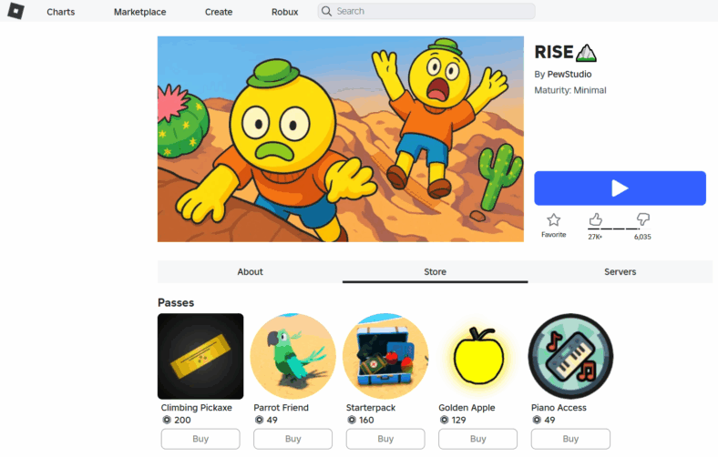 Archive link The store tab for Rise (2025), PewStudio via Roblox