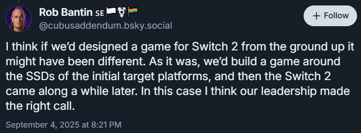 Rob Bantin admits Star Wars Outlaws needed to be on Nintendo Switch 2 Game-Key cards as it was developed too late to optimize for the console, via Bluesky