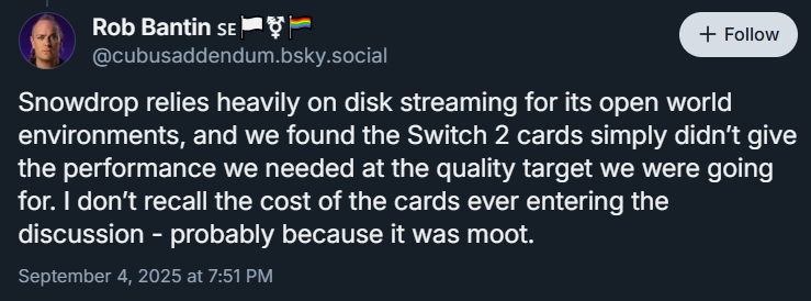 Rob Bantin explains Nintendo Switch 2 carts are too slow for Star Wars Outlaws via Bluesky