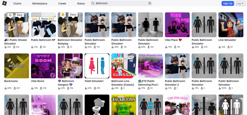 The search results page for the word "Bathroom" via Roblox