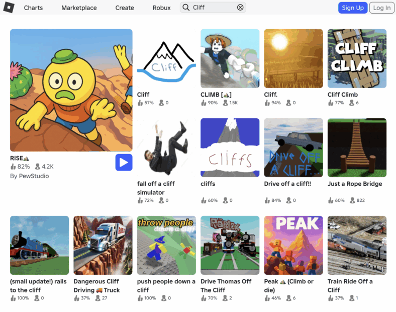 The search results page for the word "Cliff" via Roblox