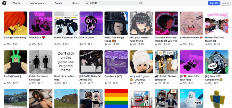 The search results page for the word "Condo" via Roblox