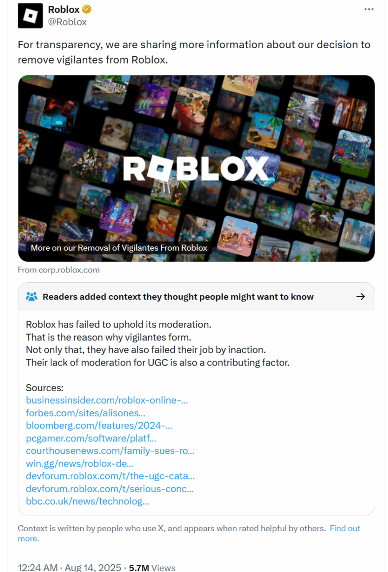 Roblox gets an X community note when discussing transparency on removing vigilantes.