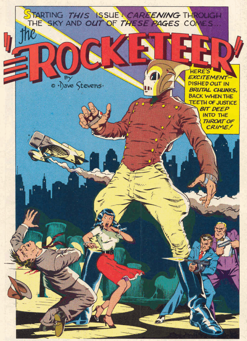 A world of high-flying action awaits The Rocketeer in Starslayer Vol. 1 #2 (1982), Pacific Comics. Words and art by Dave Stevens.