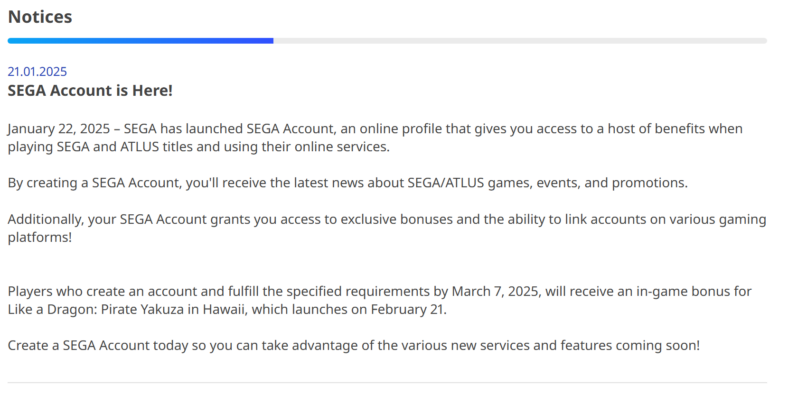 Archive link via SEGA Account notice