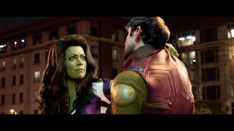 She-Hulk (Tatiana Maslany) unmasks Daredevil (Charlie Cox) in She-Hulk: Attorney at Law Season 1 Episode 8 "Ribbit and Rip It" (2022), Marvel Entertainment