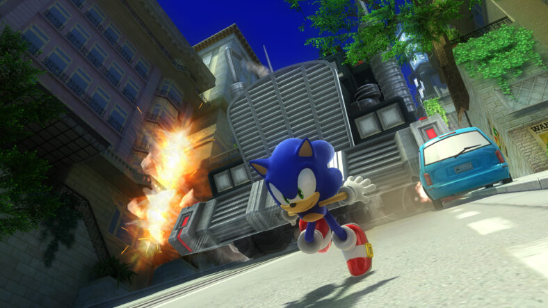 Sonic (Roger Craig Smith) flees from a giant GUN juggernaut in Sonic X Shadow Generations (2024), SEGA