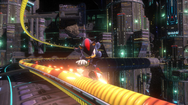 Shadow (Kirk Thornton) grinds along rails outside the Space Colony ARK in Sonic X Shadow Generations (2024), SEGA