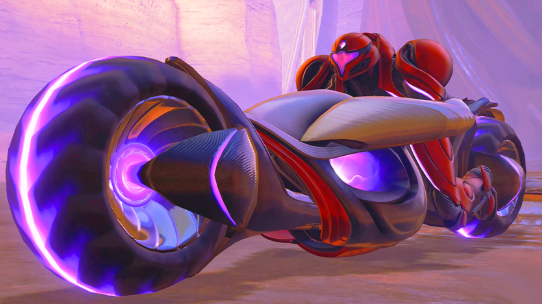 Samus Aran (Erin Yvette) takes the Vi-O-La cycle out for a spin in Metroid Prime 4 (2025), Nintendo