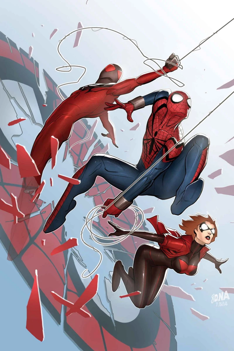 Kaine, Ben Reilly, and the Jessica Drew of Earth-1610 leap into action on David Nakayama's cover to Scarlet Spiders Vol. 1 #1"The Widow" (2014), Marvel Comics