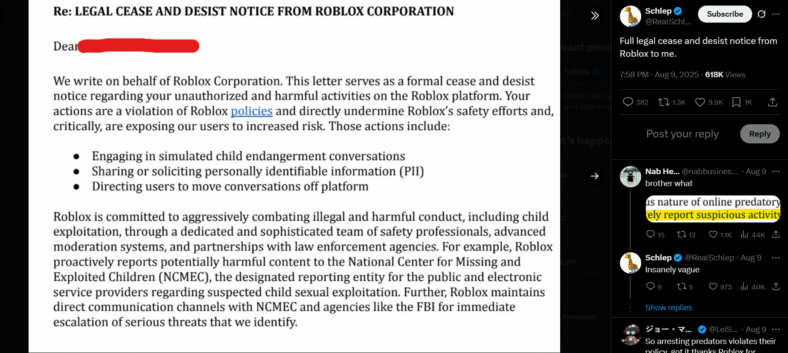"Full legal cease and desist notice from Roblox to me." Schlep