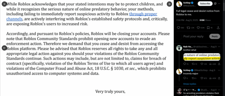 "Full legal cease and desist notice from Roblox to me." Schlep