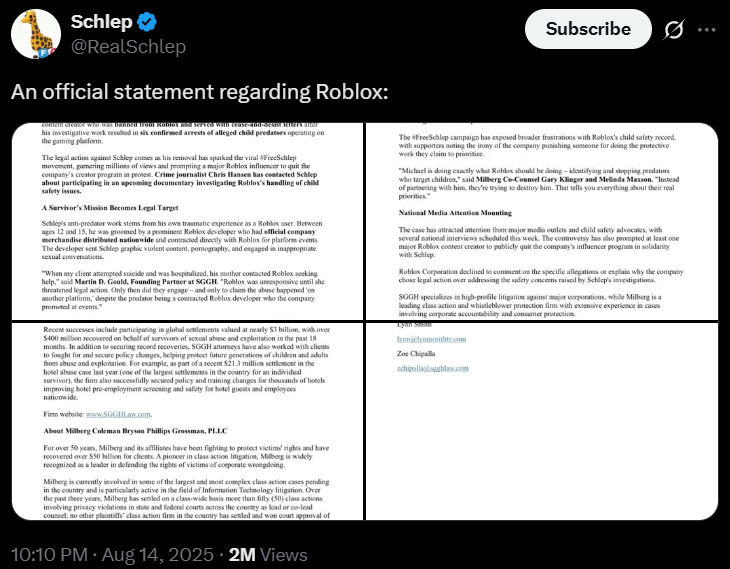 "An official statement regarding Roblox" Schlep