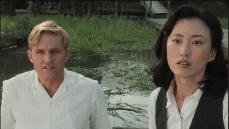 Lee (Wyatt Russell) and Keiko (Mari Yamamoto) are shocked and oddly relieved they couldn't kill Godzilla in Monarch: Legacy of Monsters Season 1 Episode 6 "Terrifying Miracles" (2023), Apple TV+