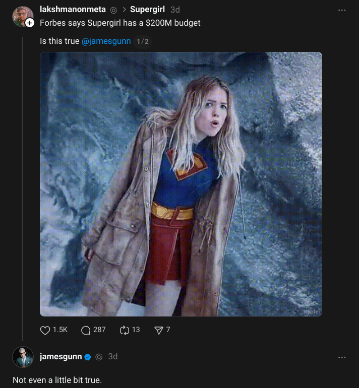 James Gunn (@jamesgunn) denies Supergirl budget via Threads