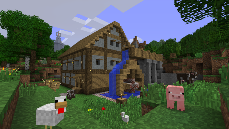 Farm animals meander around a watermill in Minecraft (2011), Mojang Studios, Xbox Game Studios