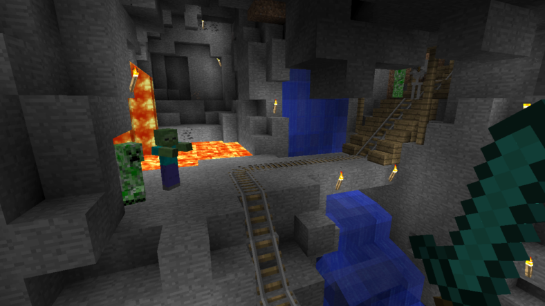 A player looks out onto a cave with lava, skeletons, and zombies in Minecraft (2011), Mojang Studios, Xbox Game Studios