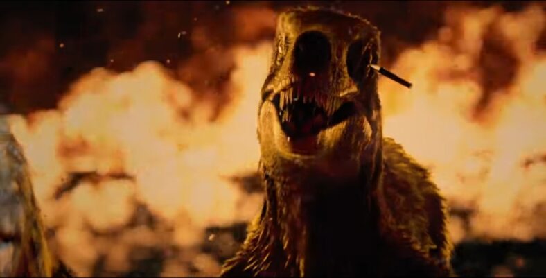 A Deinonychus has something in its eye in Primitive War (2025), Sparke Films 