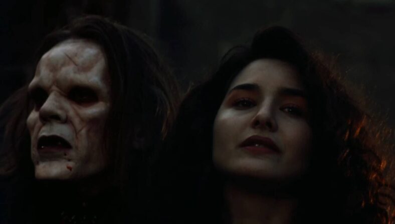 Radu (Anders Hove) and Michelle (Denice Duff) do a dramatic Goth pose in Bloodlust: Subspecies III (1994), Full Moon Features