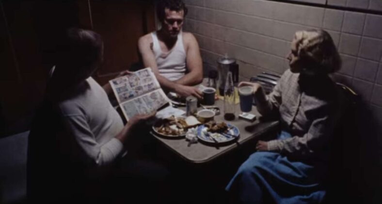 Criminals (Tom Towles and Michael Rooker) share a moment of heavy silence with family (Tracey Arnold) in Henry: Portrait of a Serial Killer (1986), Greycat Films    