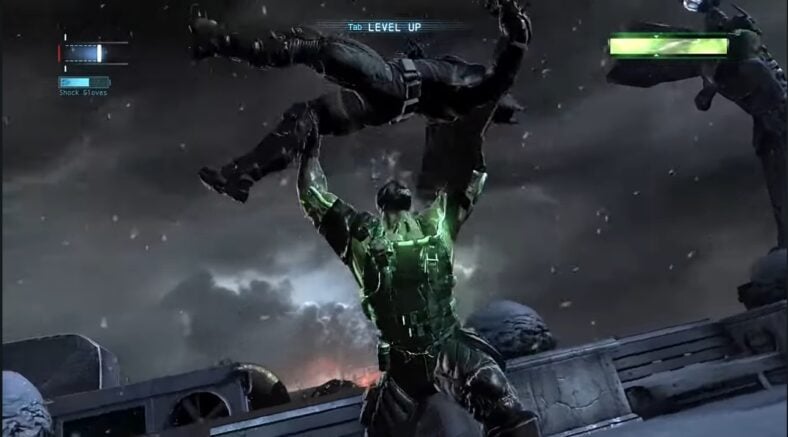Bane (JB Blanc) breaks the back of Batman (Roger Craig Smith) in Batman: Arkham Origins (2013), Warner Bros. Interactive Entertainment